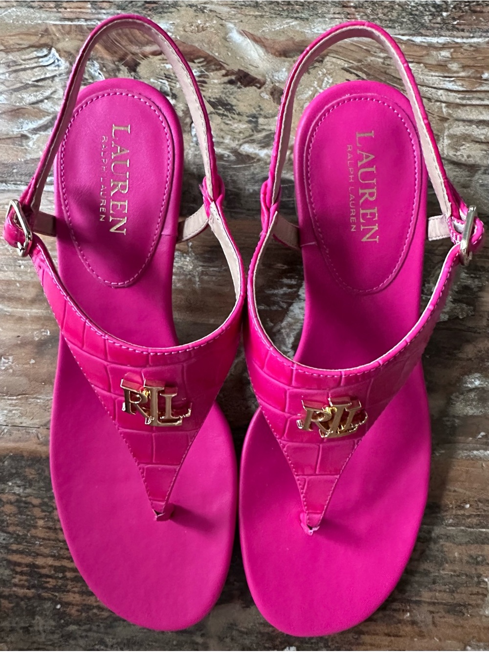 Lauren Ralph Lauren Hot Pink Slingback Thong Sandals with Gold RL Emblem
